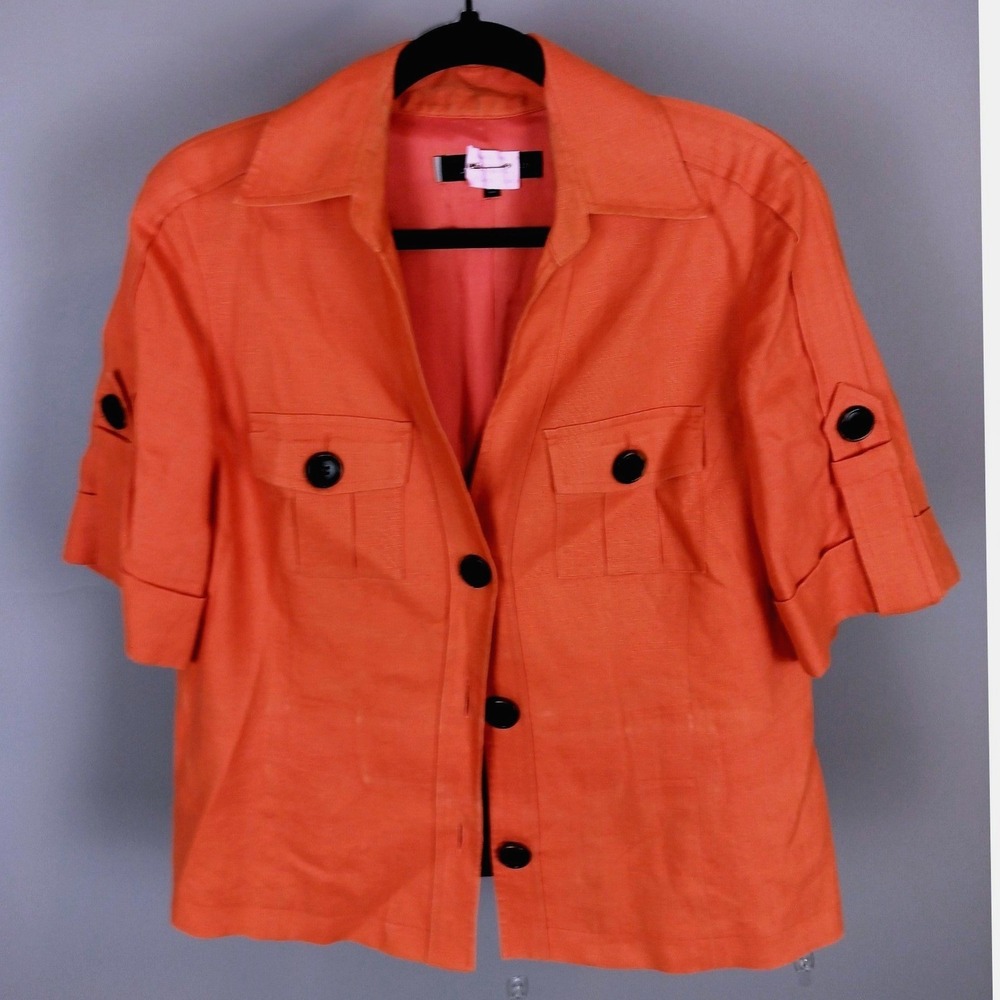 Anne‎ Klein Linen Safari Short Sleeve Blazer Size Large Orange Utility Jacket